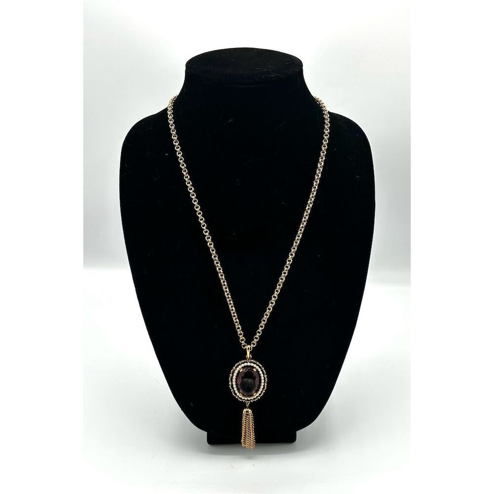 Avon Vintage Gold-Tone Purple Pendant Necklace w/ Tassel 30"